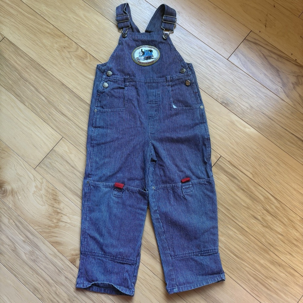 VTG THOMAS THE TANK STRIPED DENIM OVERALLS SZ 3T Full Steam Ahead BLUE Pockets